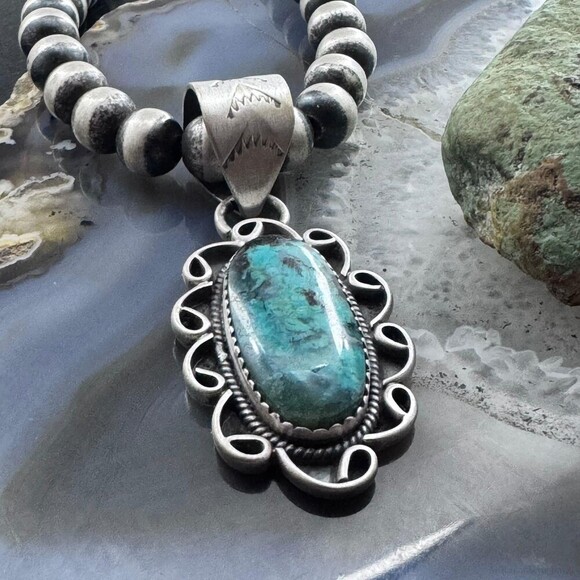 Sterling Silver Southwestern Style Oval Turquoise Decorated Pendant For Women - Picture 4 of 10